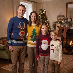 Peut inclure: Une famille de quatre personnes portant des pulls de Noël festifs. Un pull bleu présente un renne, un pull jaune affiche un sapin de Noël, un pull bordeaux montre un visage de Père Noël et un pull crème représente un bonhomme de neige.