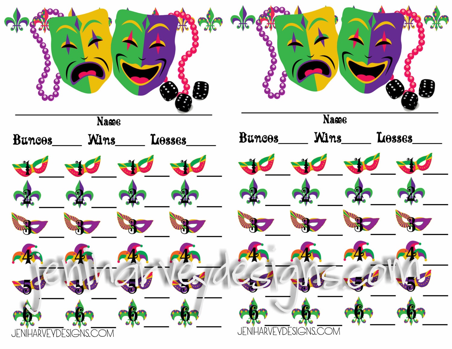 Mardi Gras Bunco Score Cards