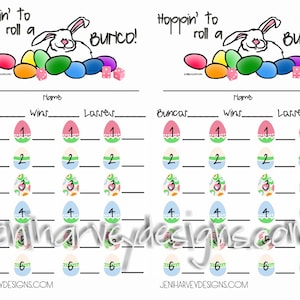 May include: Printable Easter Bunco game scorecard featuring a cartoon bunny rabbit with colorful Easter eggs. The scorecard has spaces to record the number of Buncos, wins, and losses for each round.
