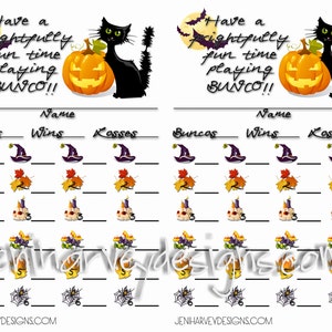 Könnte beinhalten: Eine druckbare Bunco-Scorecard zum Thema Halloween mit einer schwarzen Katze und einem Kürbisgesicht. Die Scorecard hat Platz für Namen, Buncos, Siege und Niederlagen. Der Text "Have a frightfully fun time playing BUNCO!!" steht oben auf der Scorecard.