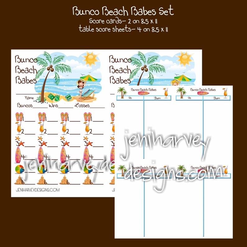 Bunco Beach Babes Score Card and Table Score Sheets image 1