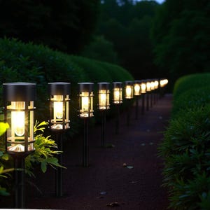 Puede incluir: Una fila de luces solares negras ilumina un sendero en el jardín al anochecer. Cada luz tiene un diseño cilíndrico con una estructura similar a una jaula alrededor de una bombilla cálida y brillante. El follaje verde bordea el sendero.
