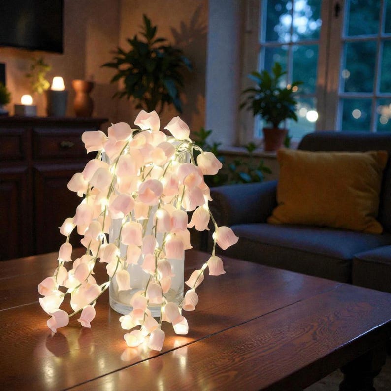 May include: A decorative string light arrangement featuring soft pink flower-shaped lights cascading from a clear glass vase. The lights are illuminated, creating a warm, ambient glow. The arrangement sits on a dark wooden table, suitable for home decor.