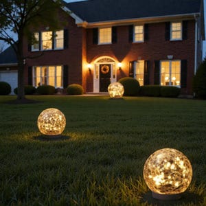 Può includere: Tre luci decorative a globo illuminate su un prato erboso di fronte a una casa in mattoni a due piani al crepuscolo. I globi hanno un aspetto di vetro crepato ed emettono un bagliore caldo, creando un'atmosfera accogliente.