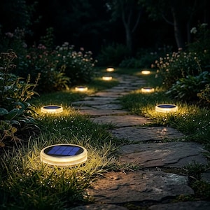 May include: A stone pathway illuminated by several solar-powered garden lights. Each light has a round, clear casing with a blue solar panel on top. The lights are set in the grass along the path, creating a warm, inviting glow in the evening.