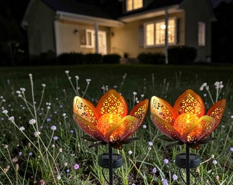 Solar Lotus Garden Light Metal Flower Lantern with Crackle Glass Outdoor Patio Decor Housewarming Gift Summer Accent