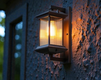 Schwarze Außenwandlaterne mit Klarglas, Metallaußenveranda und Eingangsbereich