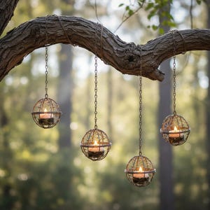May include: Four hanging candle holders with a spherical wire cage design. Each holder contains a lit candle, suspended from a tree branch by a chain. The warm glow of the candles contrasts with the natural outdoor setting.