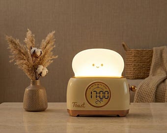 Kawaii Toast Night Light Alarm Clock Cute Bedside Lamp LED Digital Clock Aesthetic Room Decor Gift for Kids Teens Birthday Gift