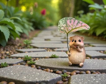 Hedgehog Garden Figurine Resin Leaf Umbrella Hedgehog Statue Cute Outdoor Animal Ornament Spring Summer Yard Decor Easter Mothers Day Gift