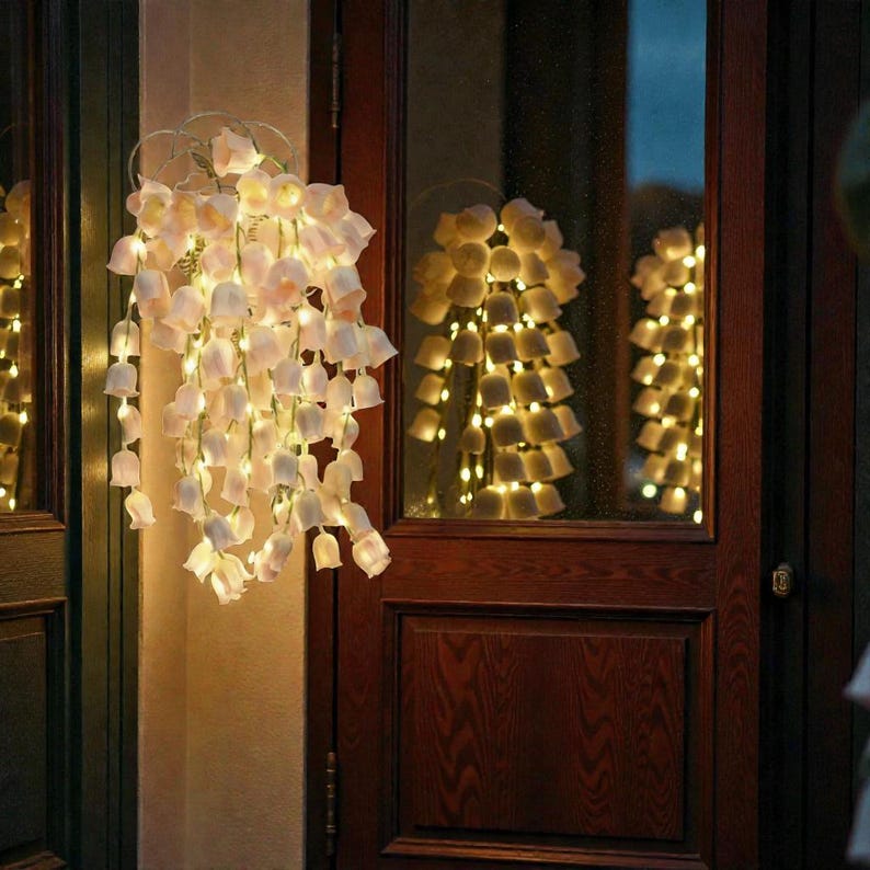 May include: A decorative floral light fixture with cascading white bell-shaped flowers and warm white lights. The fixture is hanging on a door, creating a soft, inviting glow. The lights are reflected in the glass of the door.
