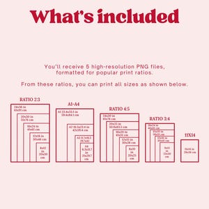 May include: A graphic detailing print sizes and ratios, including 61x91 cm, 51x76 cm, and 41x61 cm, formatted for popular print ratios. The text "What's included" is displayed in a burgundy font.