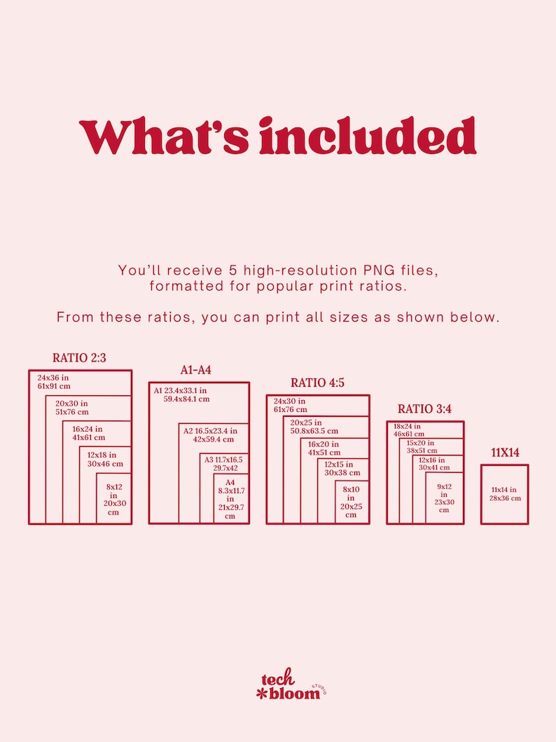 May include: A graphic detailing print sizes and ratios, including 61x91 cm, 51x76 cm, and 41x61 cm, formatted for popular print ratios. The text "What's included" is displayed in a burgundy font.