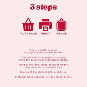 May include: A digital product graphic with the text "3 steps" in a stylized font. The steps are represented by icons: a shopping basket, a printer, and a picture frame. The text below the icons reads "PURCHASE, PRINT, FRAME".