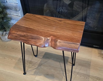 Solid oak wood end table with metal legs