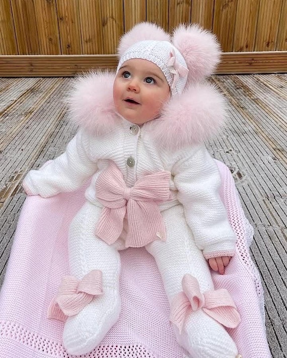 Ivory Pramsuit With Pink Fox Fur Trim, Bow Details - MI LOVES
