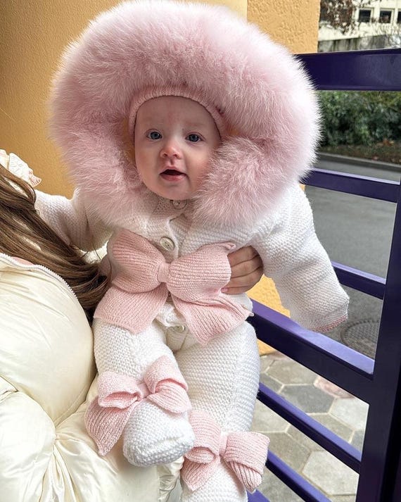 Ivory Pramsuit With Pink Fox Fur Trim, Bow Details - MI LOVES