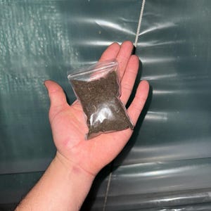 May include: A small, clear plastic bag filled with dried, green-brown plant material. The bag is held in an open hand against a dark, textured background. The contents appear to be finely ground.