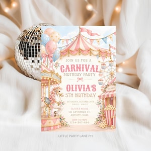 Pink Carnival Invitation, 5x7 Canva Birthday Template with Carousel Horse Design
