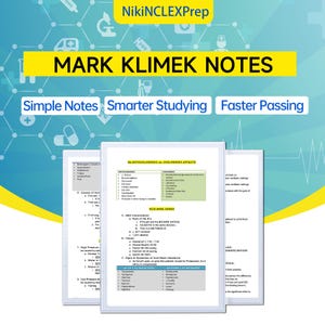 May include: A stack of study notes with the title "MARK KLIMEK NOTES" in a yellow banner. The notes cover topics like "ANTICHOLINERGIC vs. CHOLINERGIC EFFECTS" and "ACID BASE GASES". The background is light blue with medical-themed graphics.