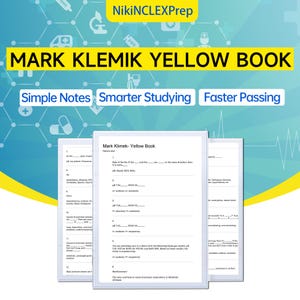 May include: A graphic with the text "MARK KLEMIK YELLOW BOOK" in yellow, with the phrases "Simple Notes", "Smarter Studying", and "Faster Passing". Three white pages with medical notes are in the foreground.