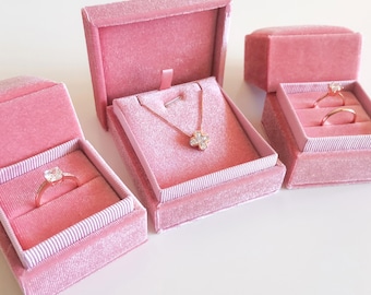 Blush pink velvet Square Single & Double Ring box | Rectangle Necklace box | Pendant box | Earrings box | Jewelry box | Presentation box