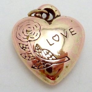Vintage Gold Plated Silver Love Flower Big Puffy Heart Charm Pendant 27068