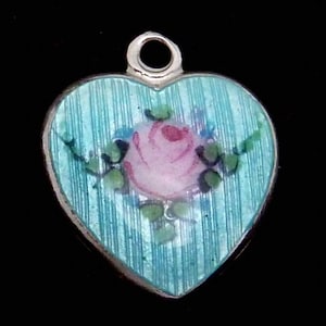 Vintage Tiny Sterling Silver Enamel Blue Pink Rose Heart Charm Pendant 26965