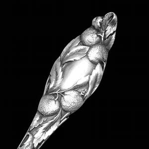 May include: Close-up of a silver spoon handle with a detailed fruit and leaf design. The handle features three textured fruits and several leaves, all in a bright silver finish against a black background.