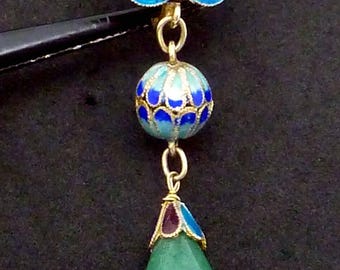 Vintage chinesische Silber Vermeil Emaille Jade Art Deco Ohrringe 27296