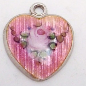 Vintage Tiny Sterling Silver Enamel Pink Rose Heart Charm Pendant 27072