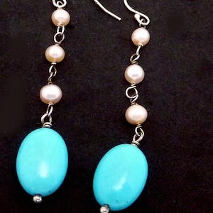 Vintage Sterling Silver Seed Pearl Turquoise Dangle Pierced Earrings 27149