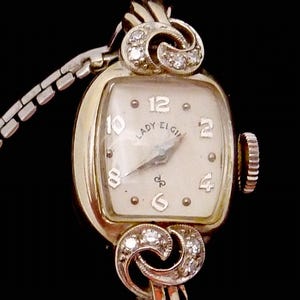 Vintage 14K Gold Diamond Lady Elgin Wrist Watch Wristwatch Speidel Band 27101
