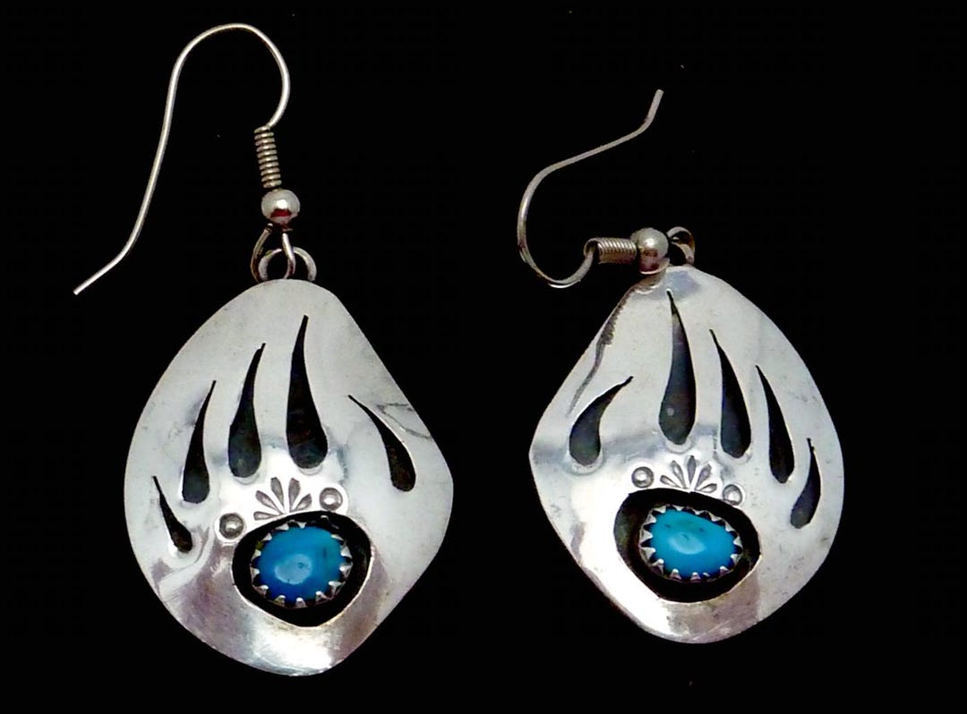 Vintage Navajo Sterling Silver Turquoise Bear Paw Claw Earrings 27387 ...