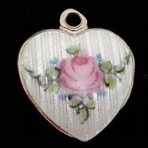 Vintage Tiny Sterling Silver Enamel White Pink Rose Heart Charm Pendant 27077