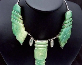 Collar antiguo de Taxco, México, de plata esterlina mexicana con piedra verde tallada, número 25142