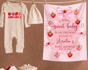 Customized Berry Sweet Baby Shower Welcome Silk Sign, Berry Sweet Baby Bodysuit, Strawberry Baby Shower Banner, Blush Berry Backdrop