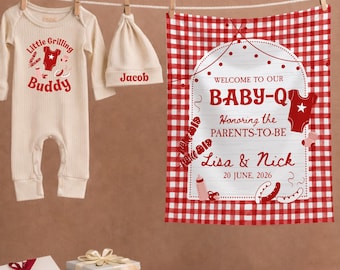 Baby Q Baby Shower Set, Personalized Baby Bodysuit and Welcome Sign, BBQ Baby Shower Decor, Summer Baby Shower Gift