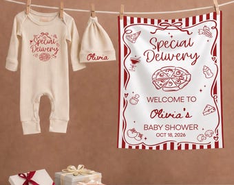 Personalized Special Delivery Baby Shower Silk Sign, Pizza Theme Decor