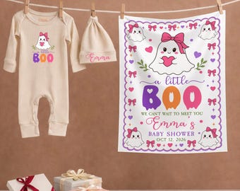 Customized Little Boo Baby Shower Welcome Sign, Personalized Baby Bodysuit & Name Hat, Ghost Baby Shower Decor, Pink Halloween Baby Shower