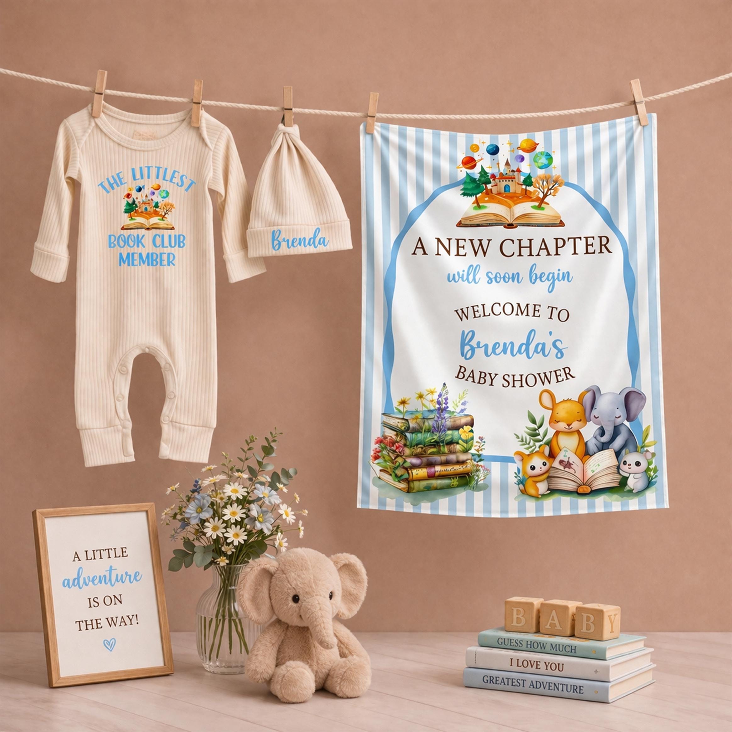 Personalized Storybook Baby Shower Welcome Sign, A New Chapter Begins, Woodland Animal Banner, Baby Bodysuit
