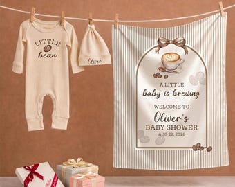 Custom Baby Is Brewing Welcome Silk Banner and Bodysuit Set, Coffee Theme Shower Decor, Latte Little Bean Party Backdrop