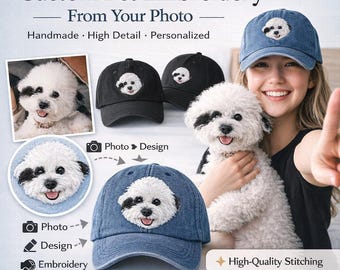 Puede incluir: Gorras de béisbol bordadas con un diseño de perro. La imagen muestra gorras negras y azules con un perro blanco con marcas negras. El texto dice "Custom Pet Embroidery From Your Photo Handmade High Detail Personalized".