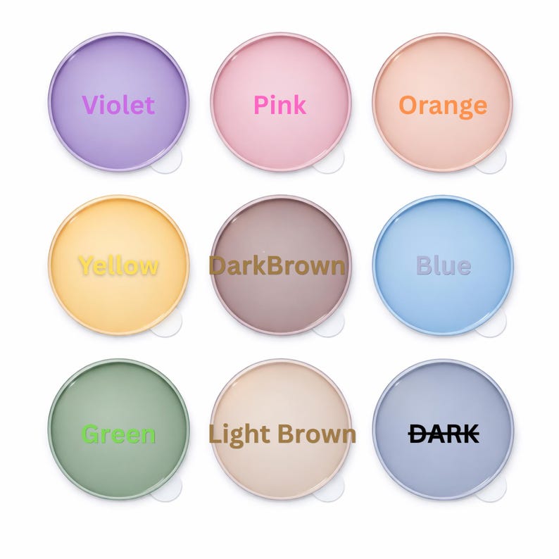 Puede incluir: Nueve dise&ntilde;os circulares coloridos con nombres de colores. Los colores incluyen violeta, rosa, naranja, amarillo, marr&oacute;n oscuro, azul, verde, marr&oacute;n claro y oscuro.