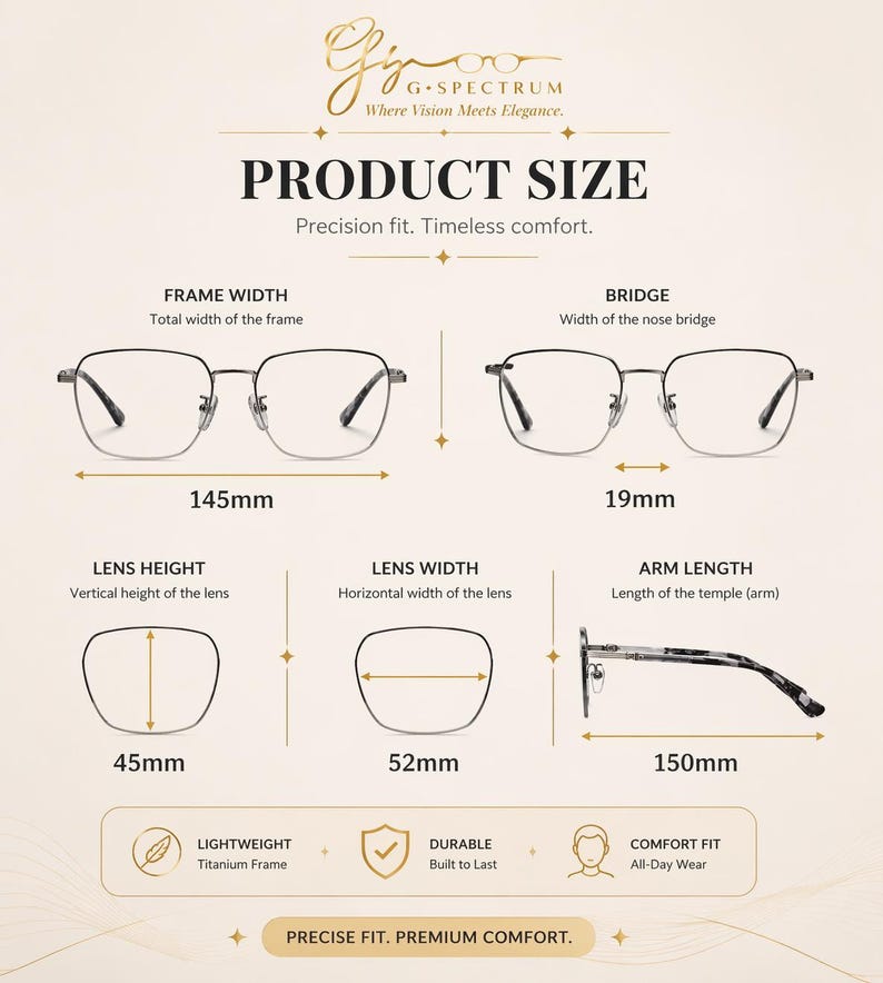 Puede incluir: Gu&iacute;a de tallas de gafas. El ancho de la montura es de 145 mm, la altura de la lente es de 45 mm, el ancho de la lente es de 52 mm, el puente es de 19 mm y la longitud de la patilla es de 150 mm. Marco de titanio ligero.