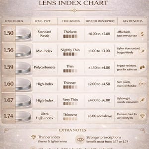 Puede incluir: Un cuadro de &iacute;ndice de lentes de G-Spectrum, que detalla los tipos de lentes, el grosor y los beneficios. El cuadro incluye opciones como lentes de pl&aacute;stico est&aacute;ndar, de &iacute;ndice medio y de alto &iacute;ndice, con medidas en dioptr&iacute;as. Notas adicionales resaltan caracter&iacute;sticas como la luz anti-azul y el revestimiento antirreflectante.