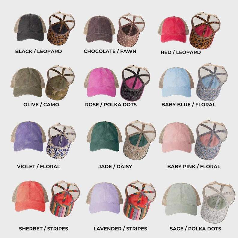 May include: A collection of twelve baseball caps shown in pairs, each featuring a solid-colored front and a patterned underside. The color combinations include black, chocolate, red, olive, rose, baby blue, violet, jade, baby pink, sherbet, lavender, and sage.