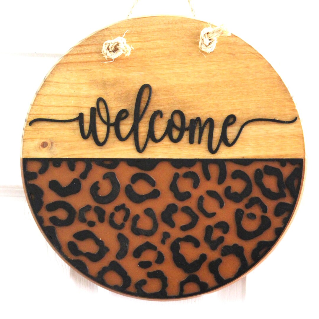 3D Cheetah Print Welcome Wreath | Year Round Wooden Porch Sign - Etsy