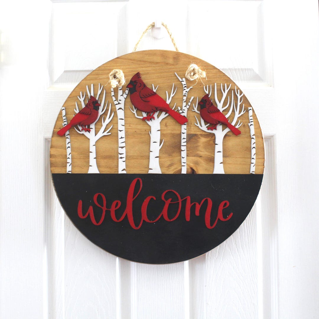 3D Cardinal Welcome Wreath - Year Round Wooden Front Door Sign - Etsy