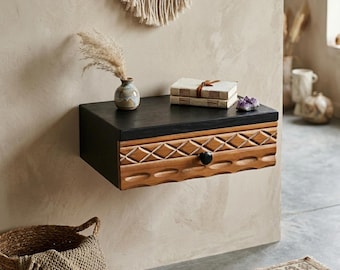 Mesita de noche flotante con cajón, escultura única hecha a mano, estante de madera para pared, decoración artística para mesita de noche